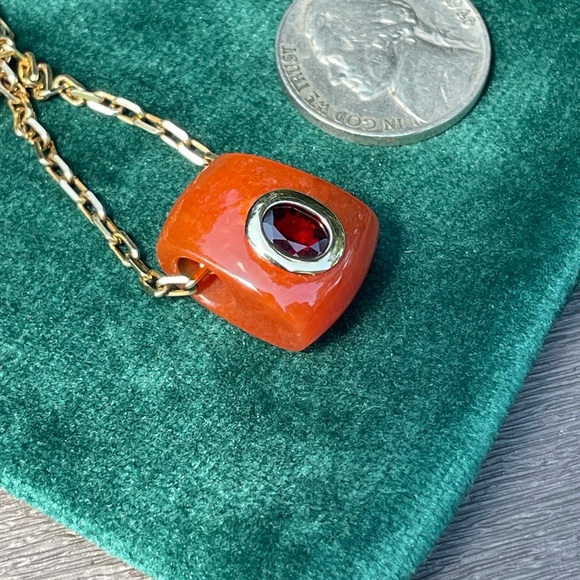 Vintage Genuine Orange Carnelian and Red Garnet 14k gold Pendant - beautiful! - Picture 8 of 16